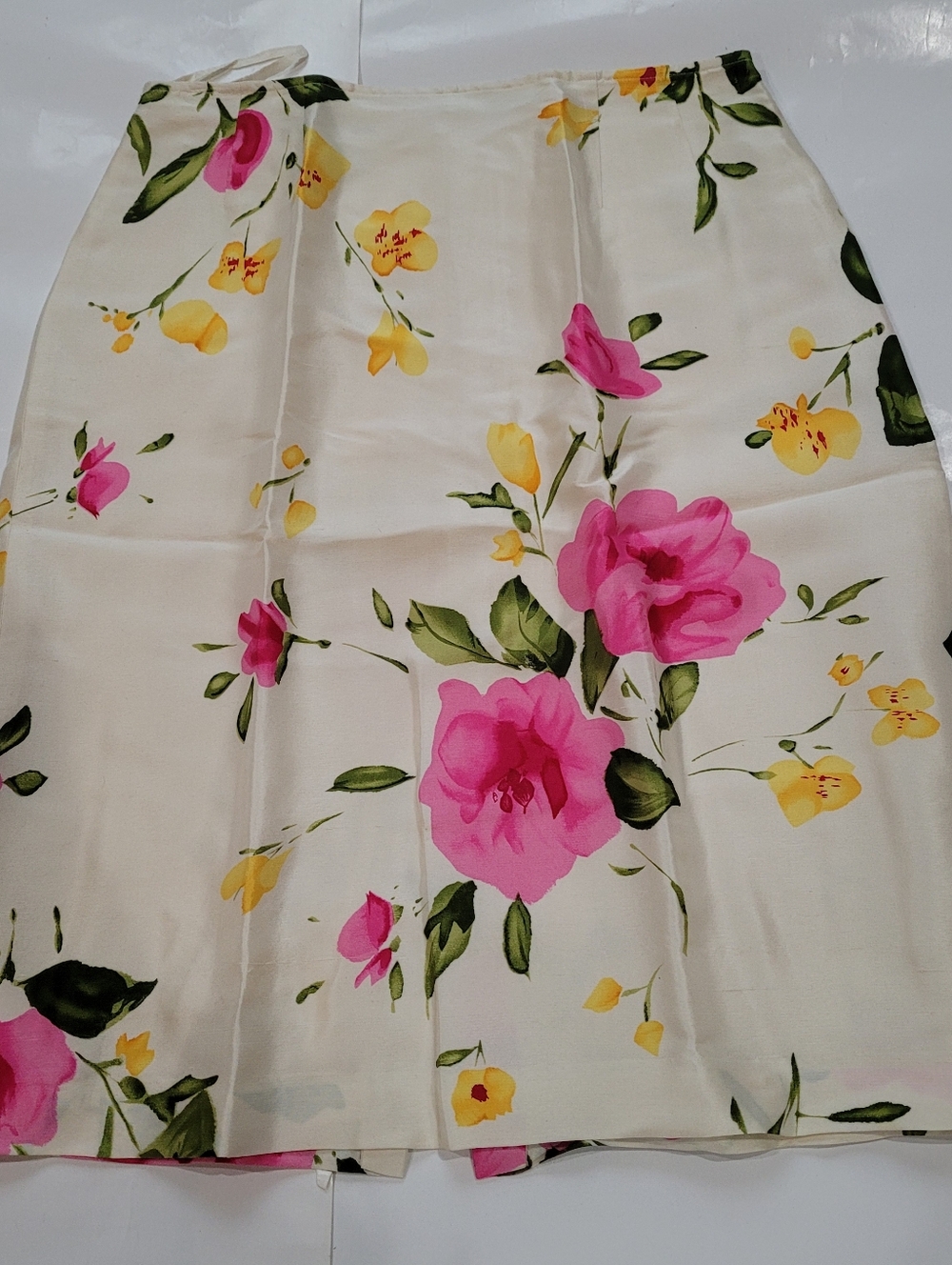 Floral Silk A-Line Skirt in White with Pink & Yellow Blooms